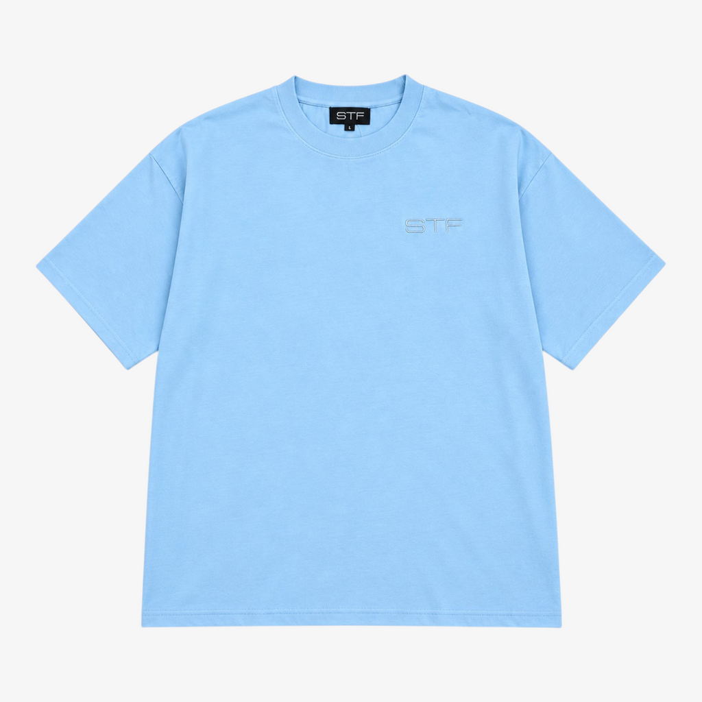STF tonal embroidered T-shirt in sky blue, front view
