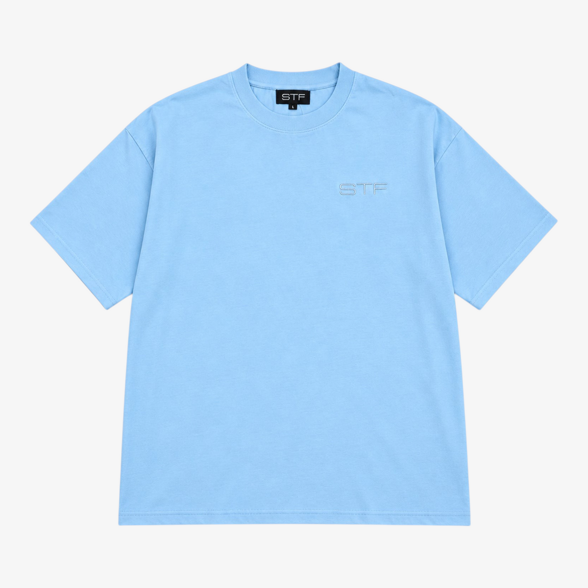 STF tonal embroidered T-shirt in sky blue, front view