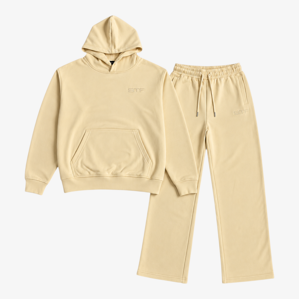 STF oversized boxy cream hoodie and trouser set — Front flat lay