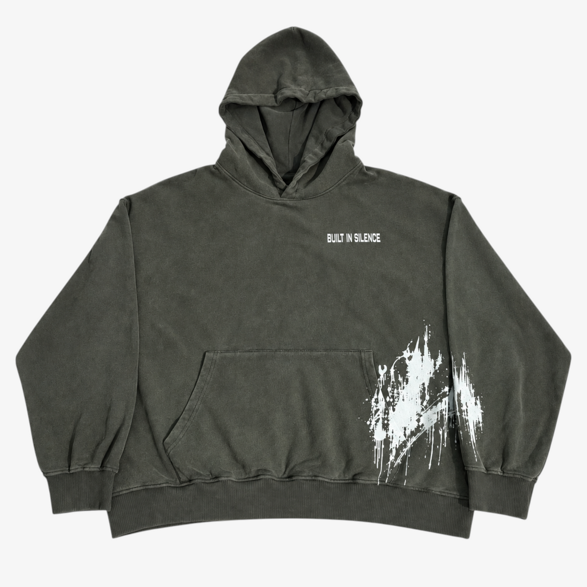 STF BUILT IN SILENCE boxy oversized hoodie in gewassen olijf-antraciet — voorkant Hoofdafbeelding