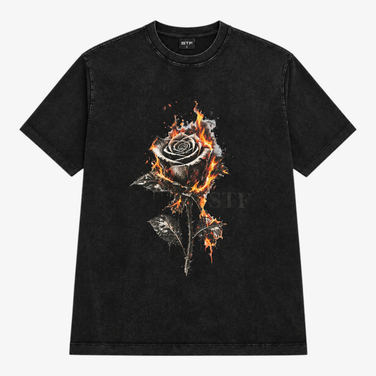 STF Burning Rose washed-black boxy oversized T-shirt — front Main image