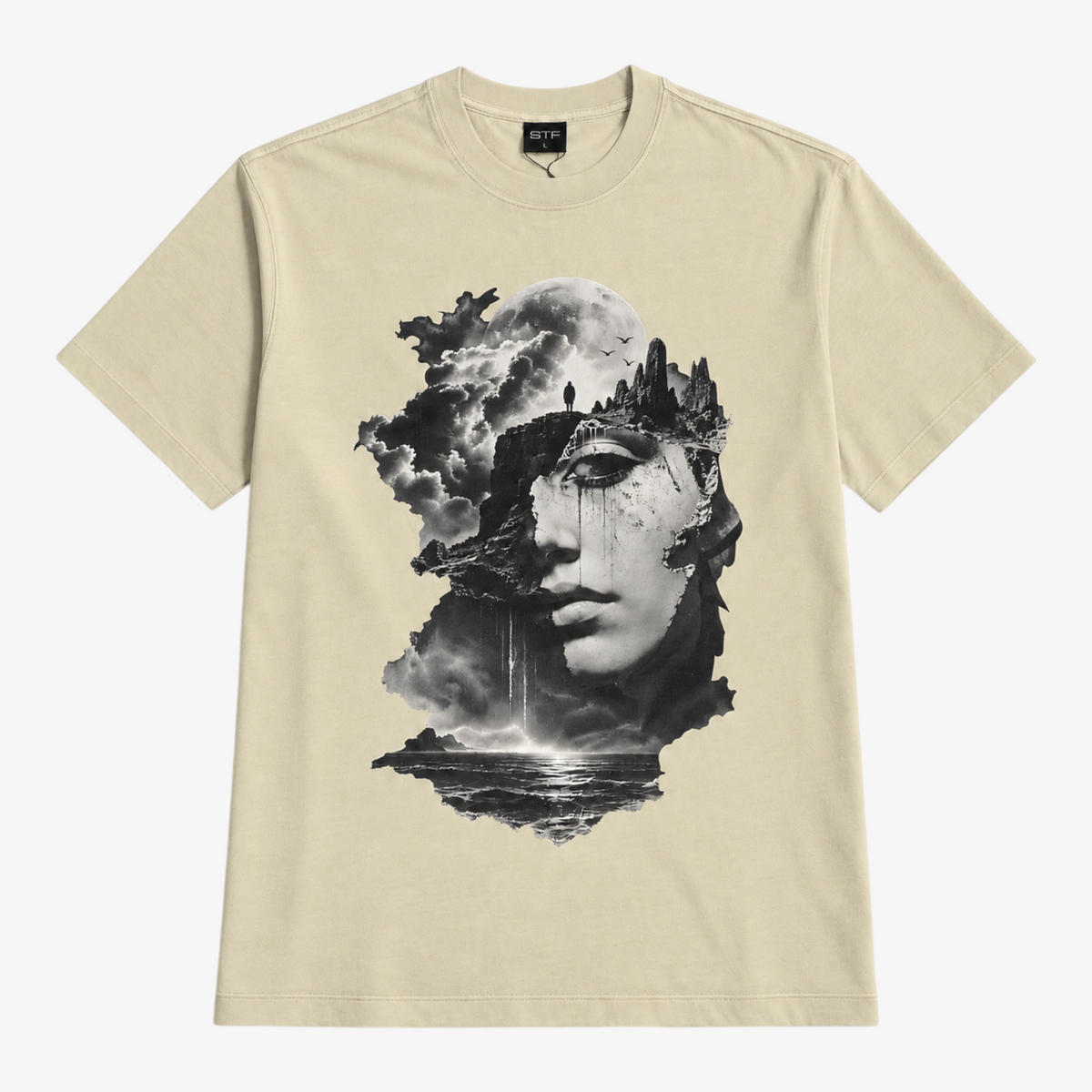 STF Dreamscape T-shirt met print in crème — plat neergelegd, voorkant met surrealistische maan- en gezichtsprint Hoofdafbeelding