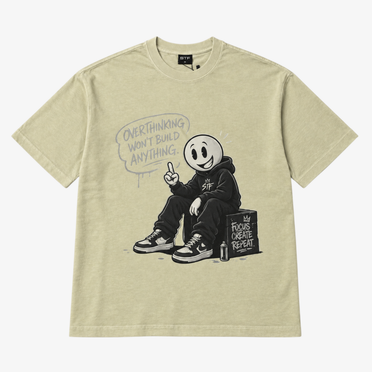 STF Focus Create Repeat T-shirt in gewassen crème — plat neergelegd, voorkant Hoofdafbeelding