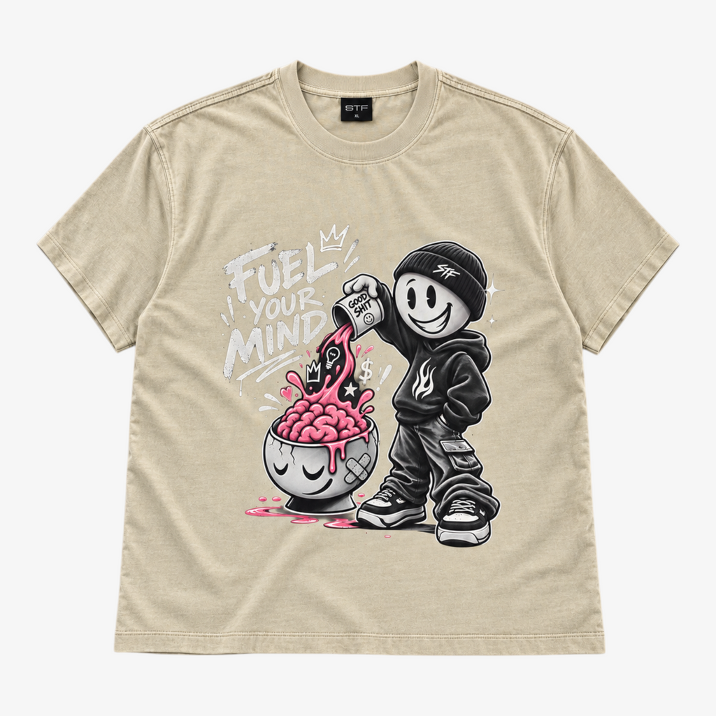 STF Fuel Your Mind washed cream boxy oversized T-shirt front view