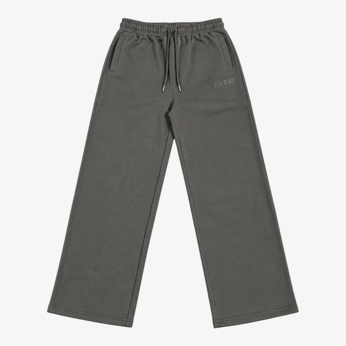 STF grey relaxed open-hem trousers — front flatlay