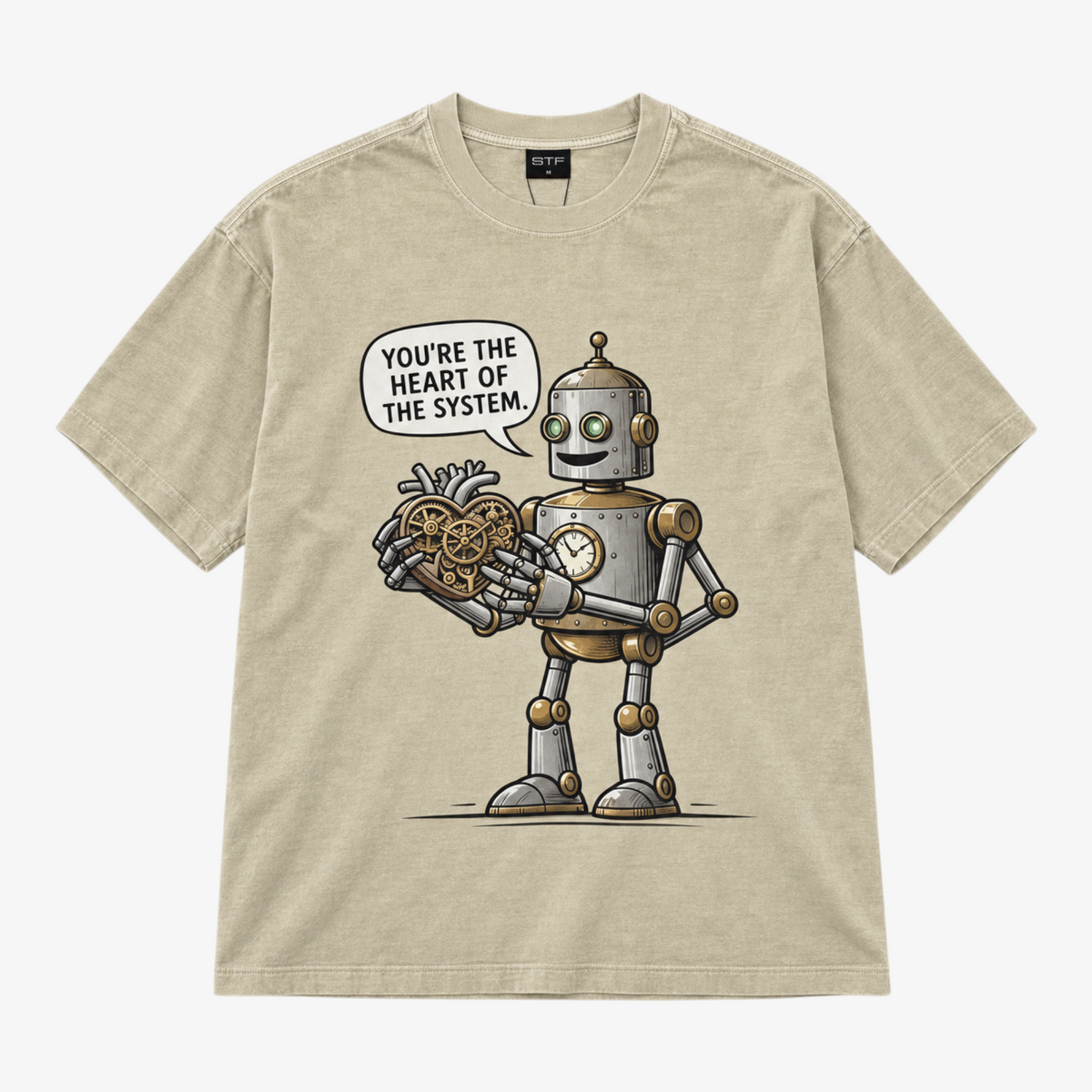 STF Heart of the System T-shirt met print in gewassen crème — plat neergelegd, voorkant met print van een robot en mechanisch hart Hoofdafbeelding