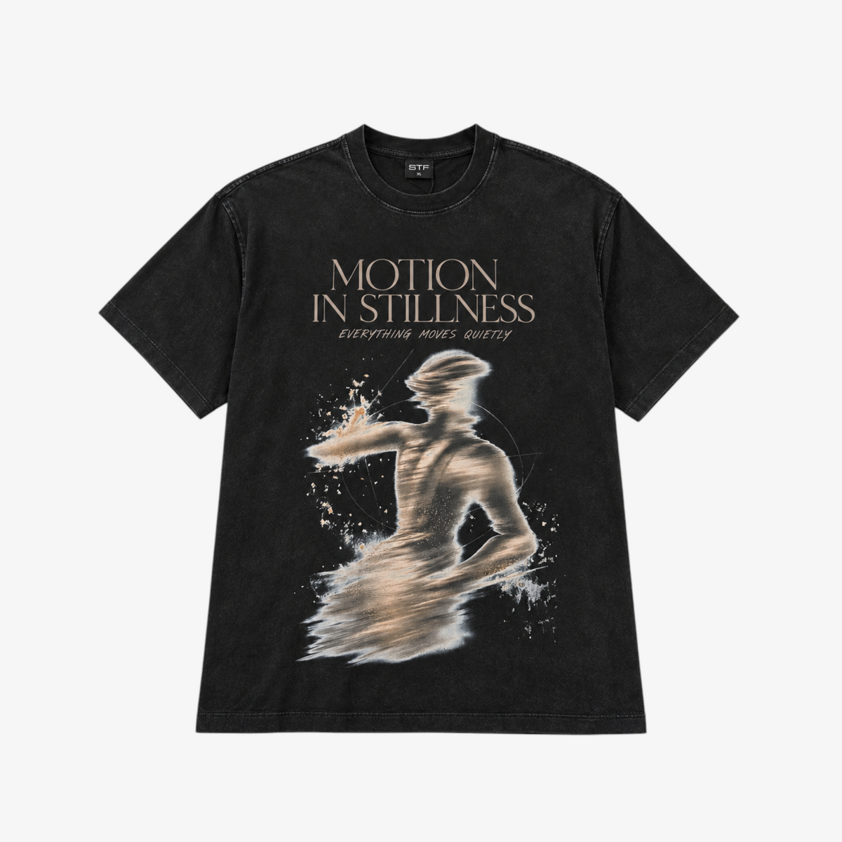 STF Motion in Stillness washed-black boxy oversized T-shirt — front