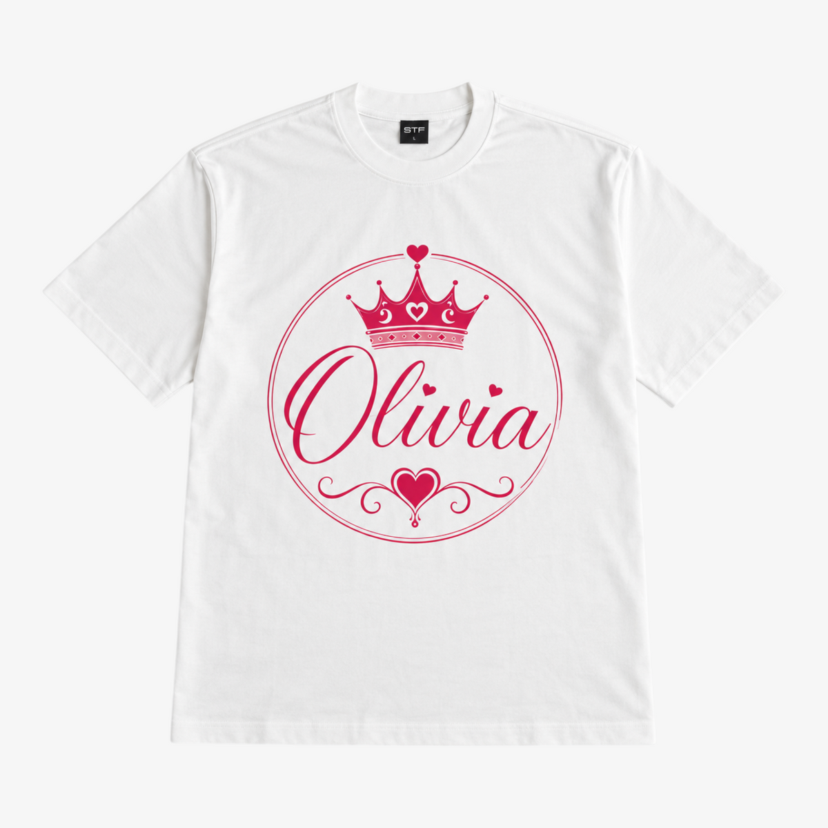 Wit oversized STF Olivia T-shirt met roze kroon- en hartprint — plat neergelegd, voorkant Hoofdafbeelding
