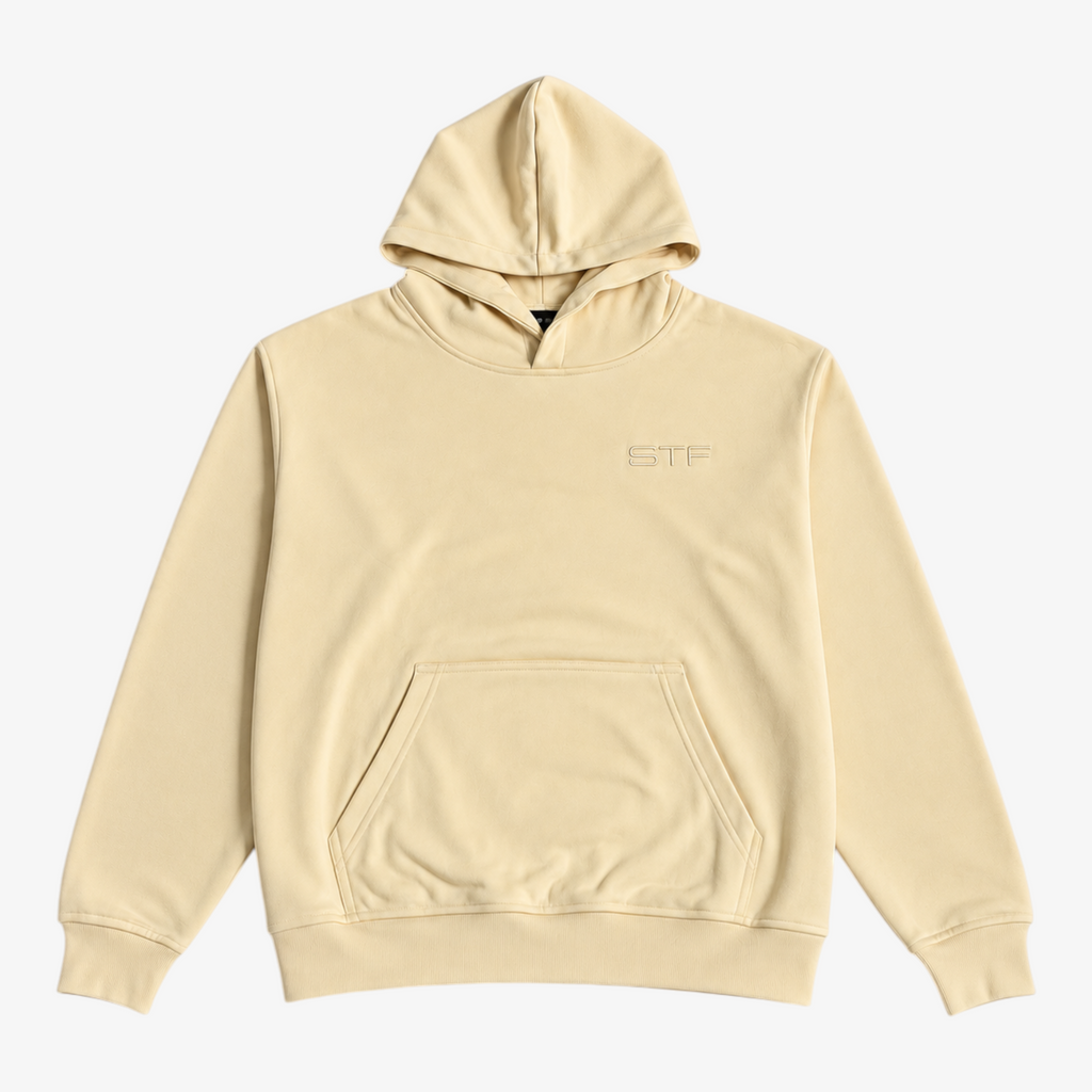 STF oversized boxy hoodie in cream — Front flatlay