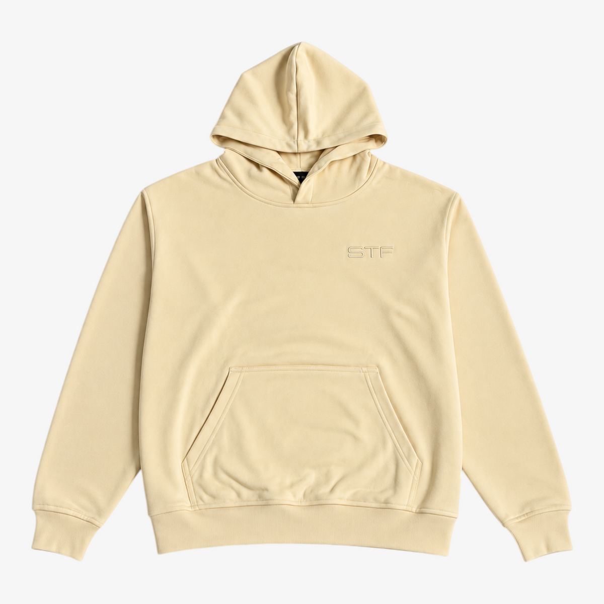 STF oversized boxy hoodie in cream — Front flatlay