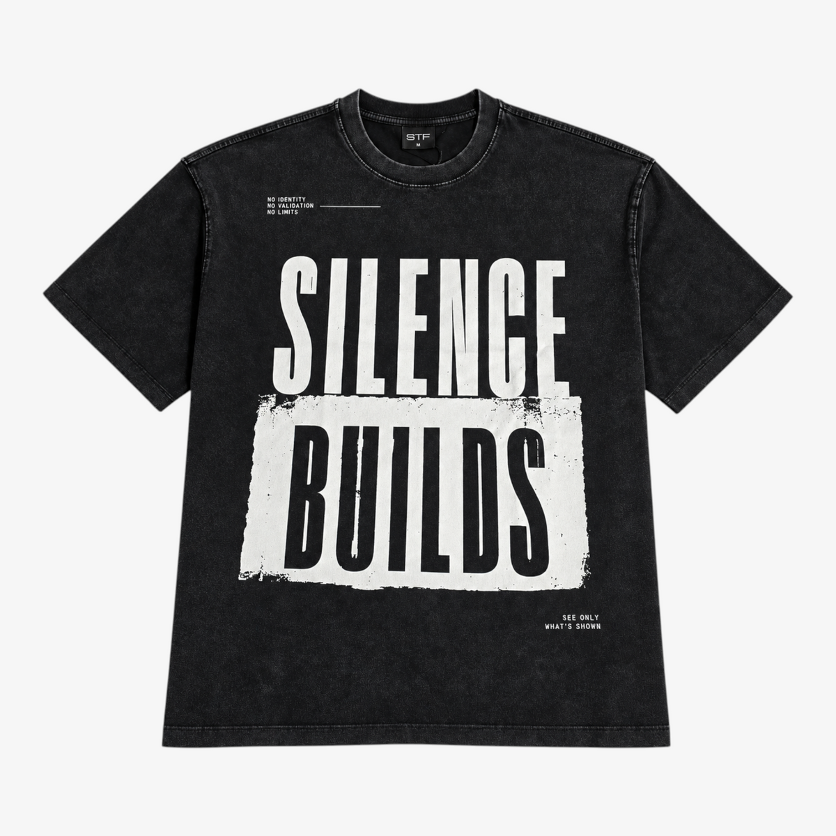 STF Silence Builds oversized T-shirt in gewassen zwart — voorkant Hoofdafbeelding