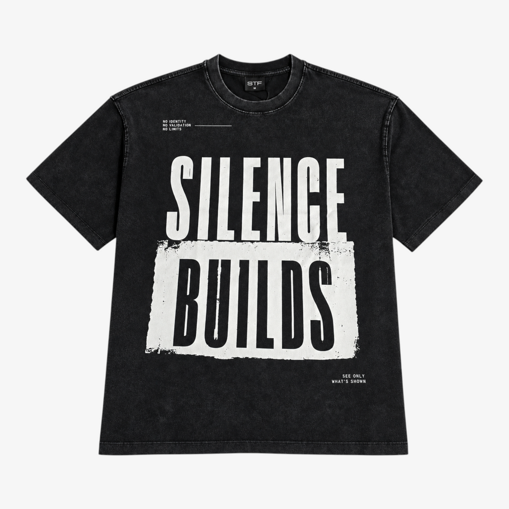 STF Silence Builds washed-black oversized T-shirt — front