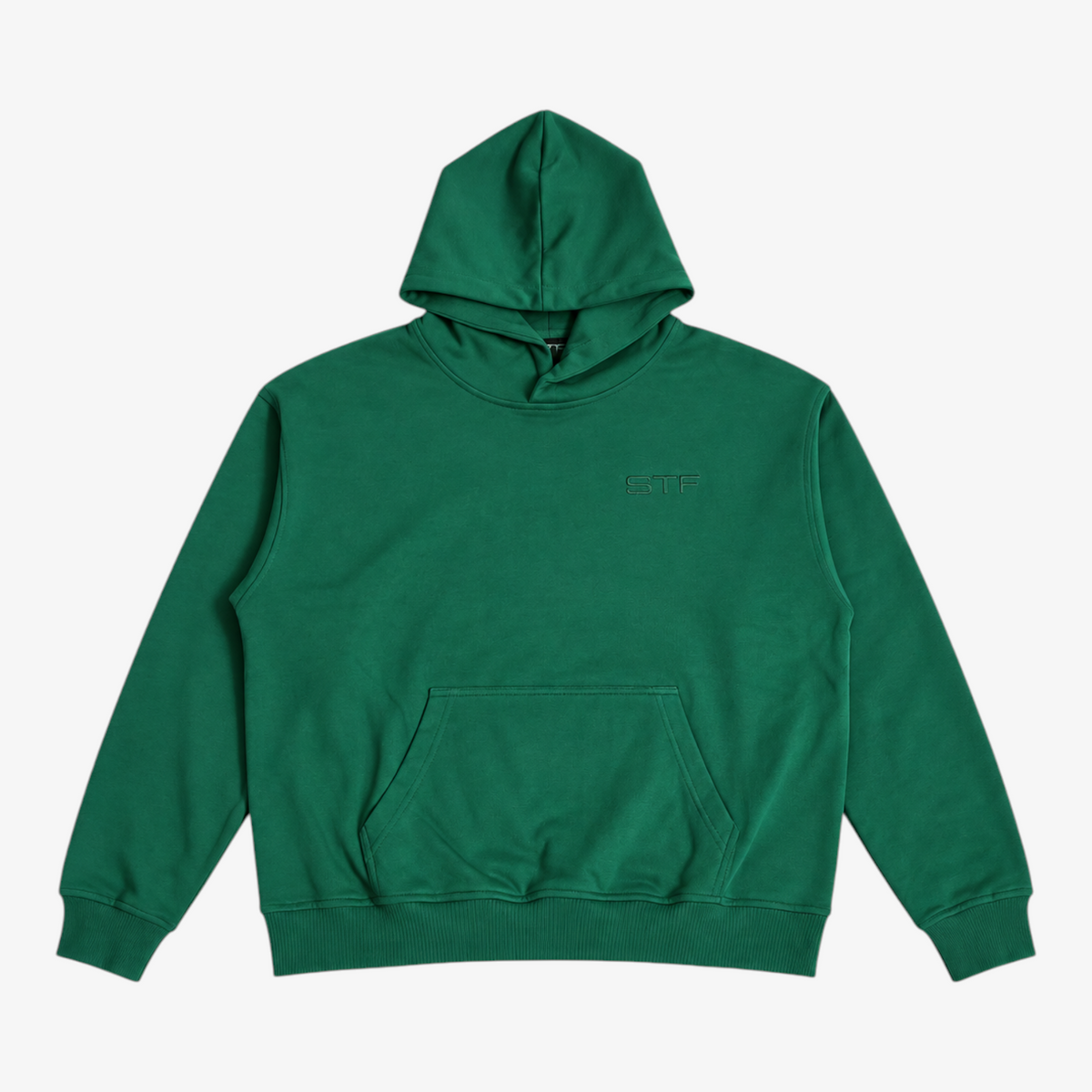 Groene oversized STF-hoodie met ton-sur-ton details — plat neergelegd, voorkant Hoofdafbeelding