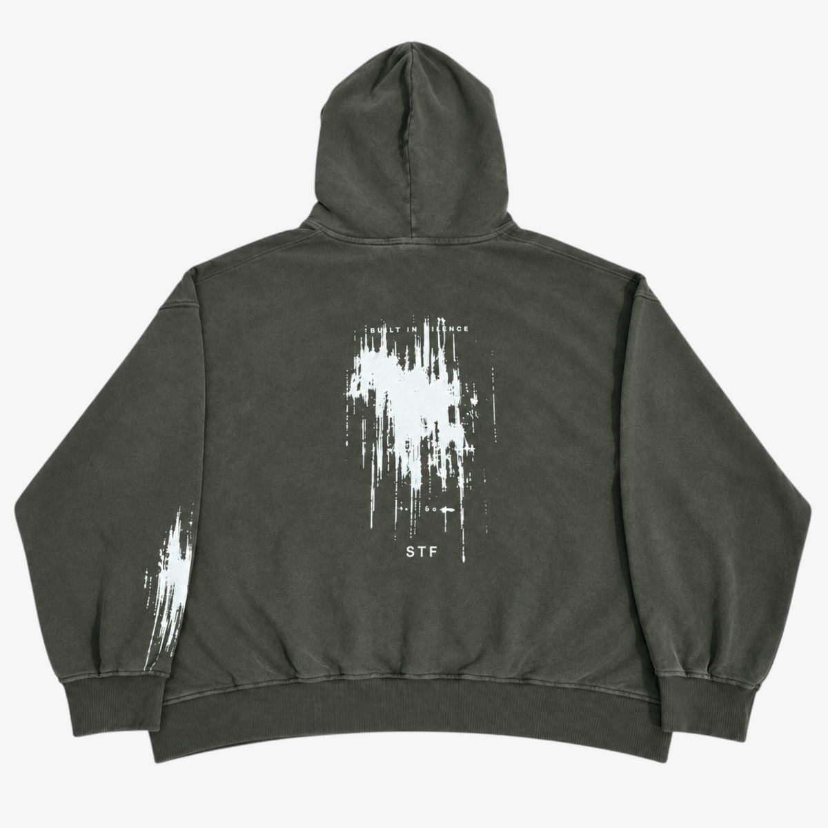 STF Built in Silence boxy oversized hoodie in washed olive-charcoal — back