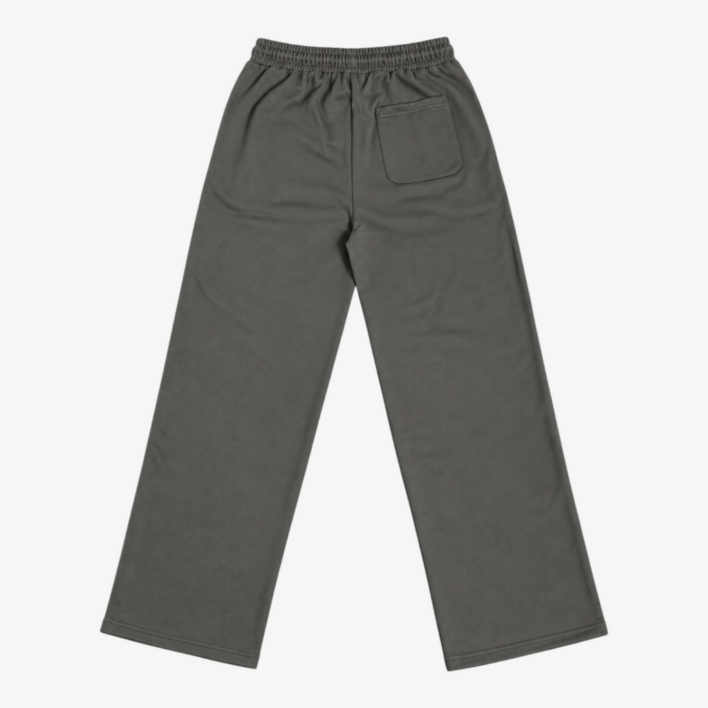 STF grey relaxed open-hem trousers — back flatlay