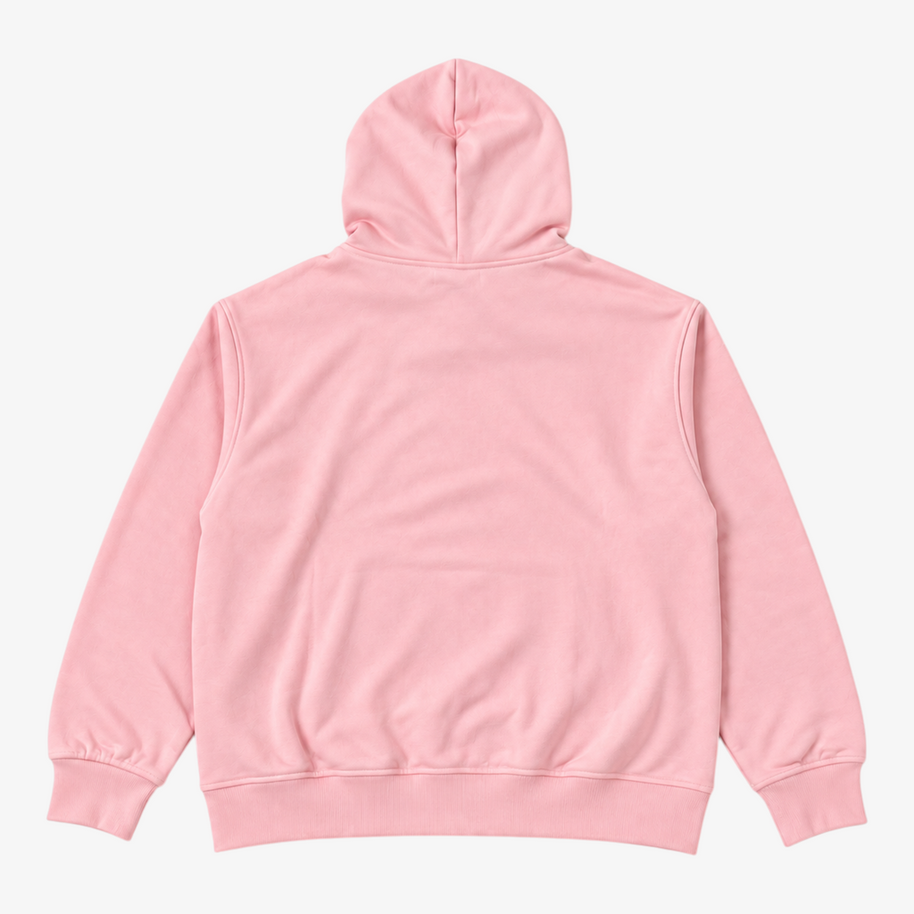 STF pink oversized boxy hoodie — back flat lay