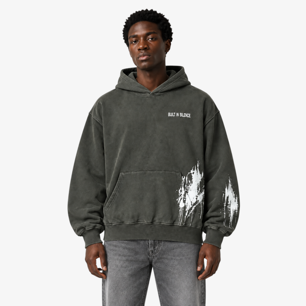 STF Built in Silence boxy oversized hoodie in washed olive-charcoal — male front