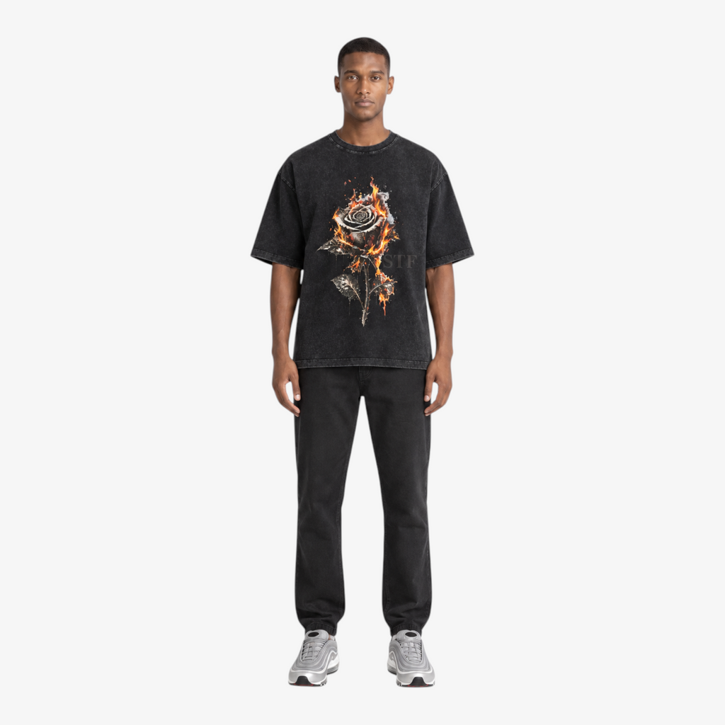 STF Burning Rose washed-black boxy oversized T-shirt — male front