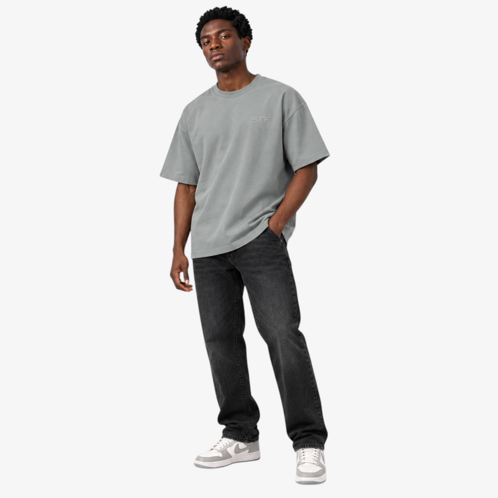 Male model wearing STF sage-grey tonal embroidered T-shirt front view