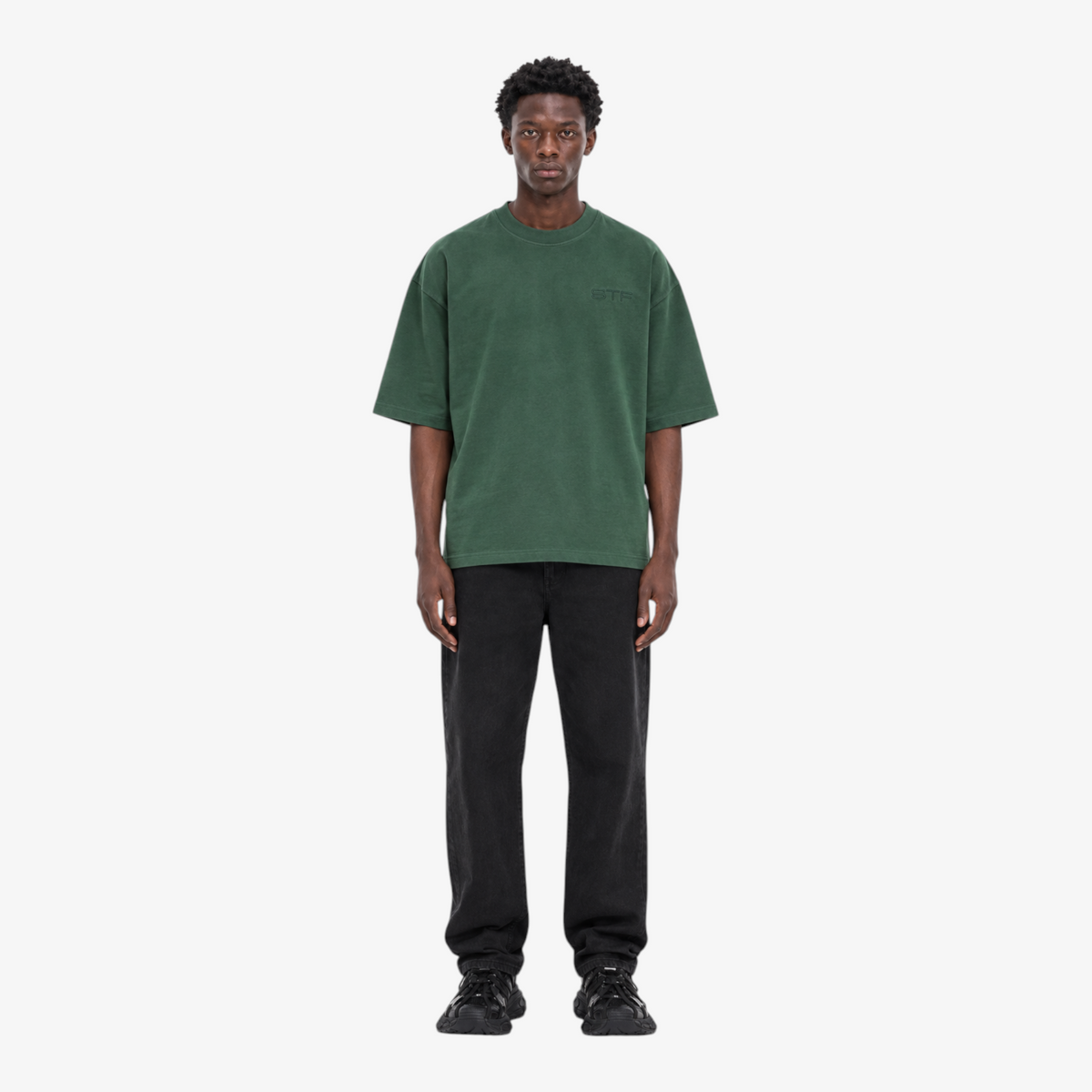 Male model wearing STF forest-green tonal embroidered T-shirt front view