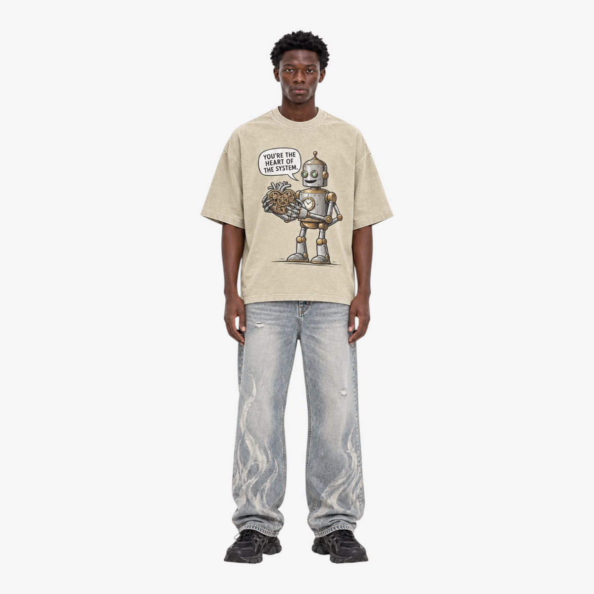 STF Heart of the System Graphic T-Shirt in Washed Cream — Male model front view