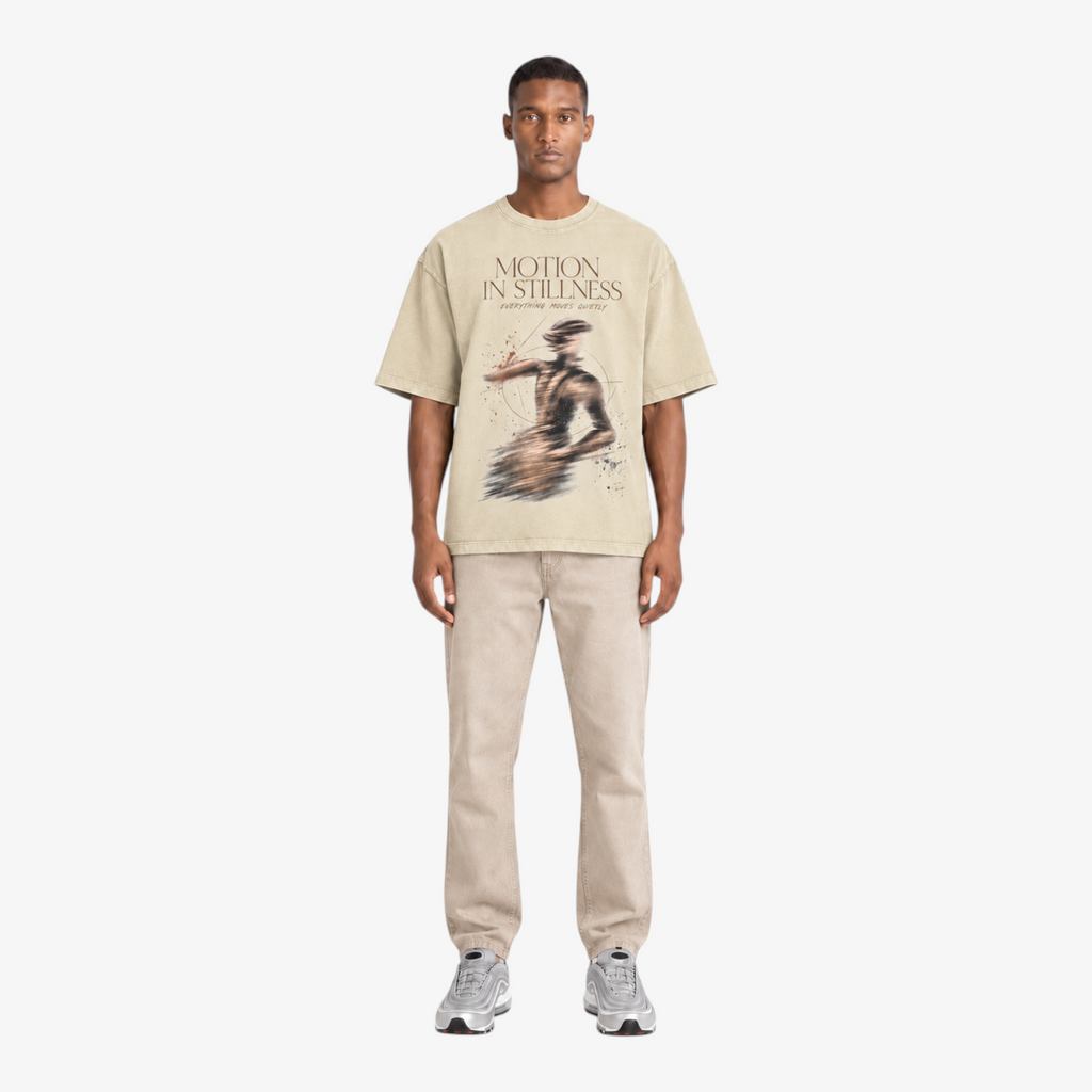 STF Motion in Stillness cream boxy oversized T-shirt — male front