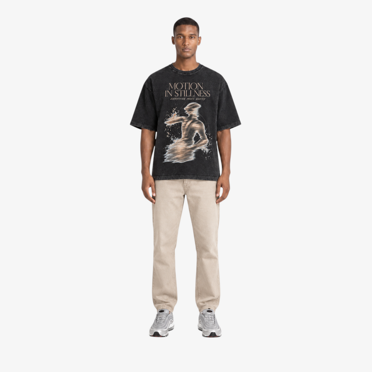 STF Motion in Stillness washed-black boxy oversized T-shirt — male front
