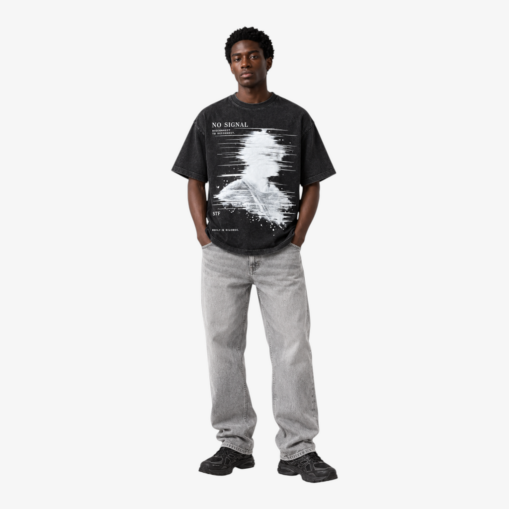 STF No Signal graphic T-shirt in washed black — Male model front