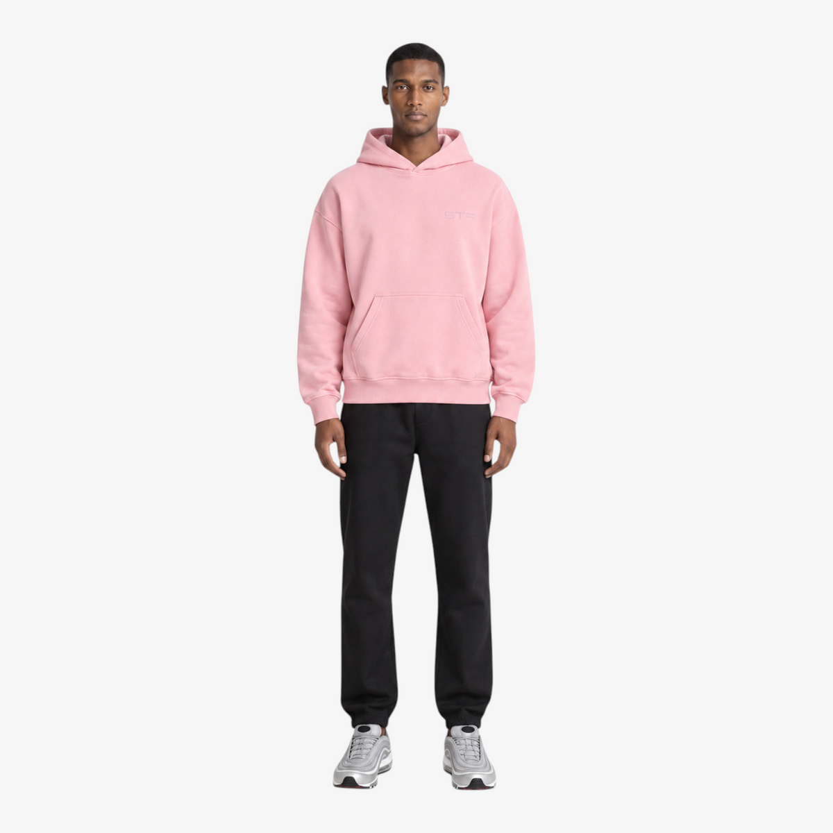 STF pink oversized boxy hoodie — male model front