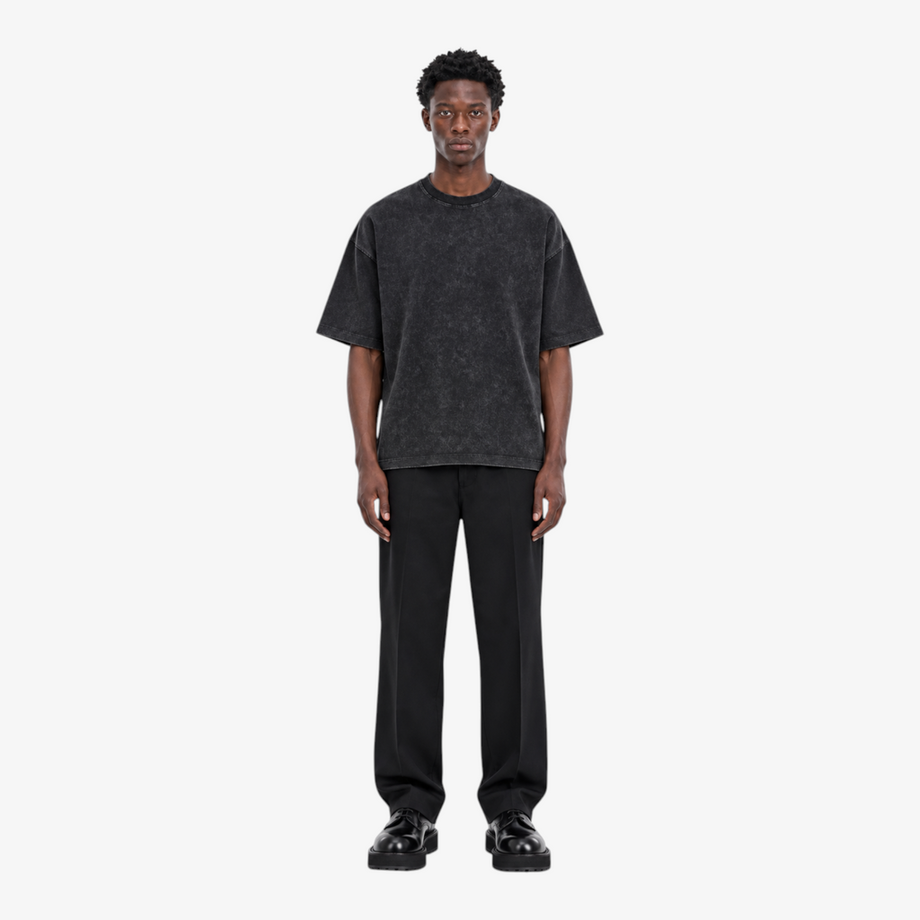 STF Spiral Graphic washed black boxy oversized T-shirt — male front