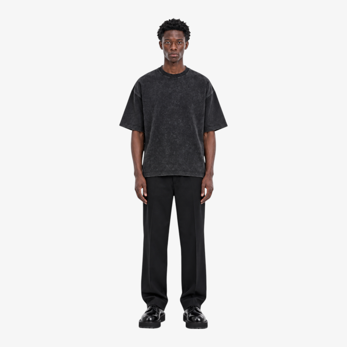 STF Spiral Graphic washed black boxy oversized T-shirt — male front