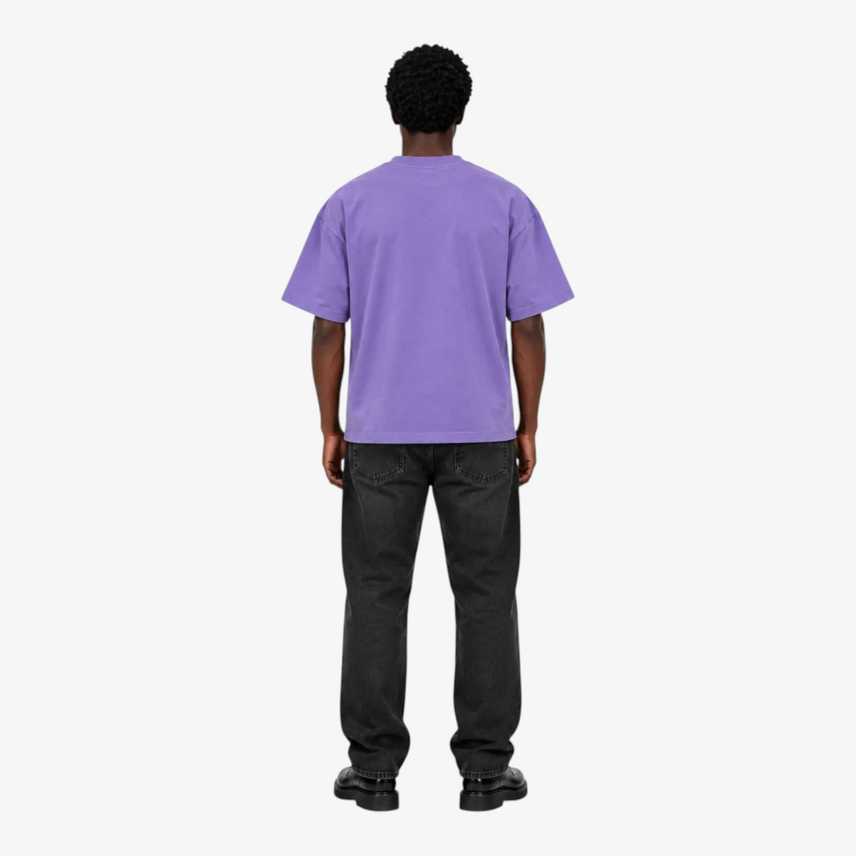 Male model wearing STF lavender boxy oversized T-shirt back view