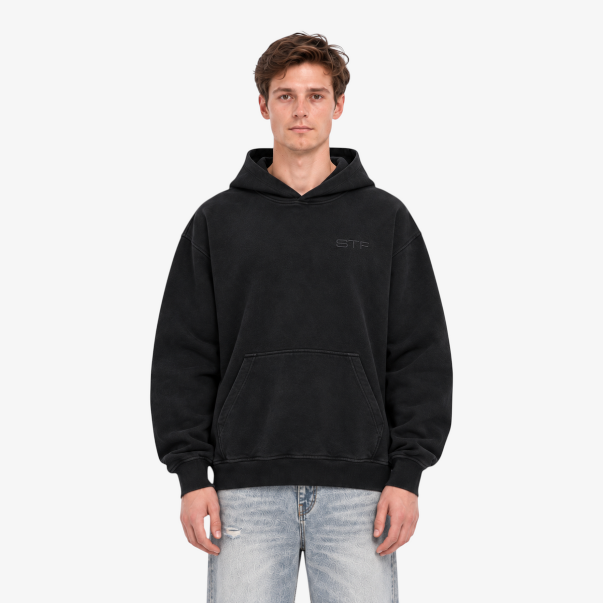 STF Black Oversized Hoodie – front fit detail