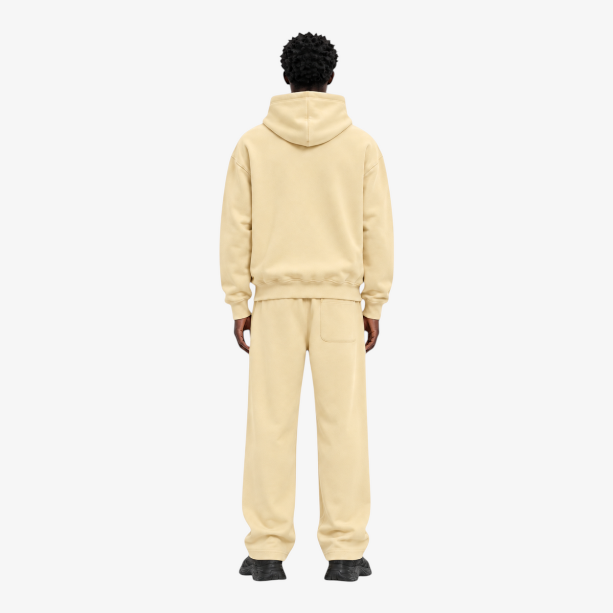 STF oversized boxy cream hoodie and trouser set — Male model back