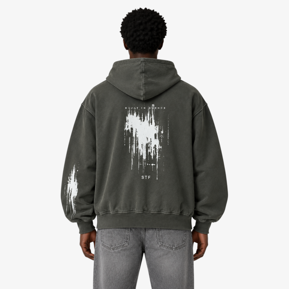 STF Built in Silence boxy oversized hoodie in washed olive-charcoal — male back