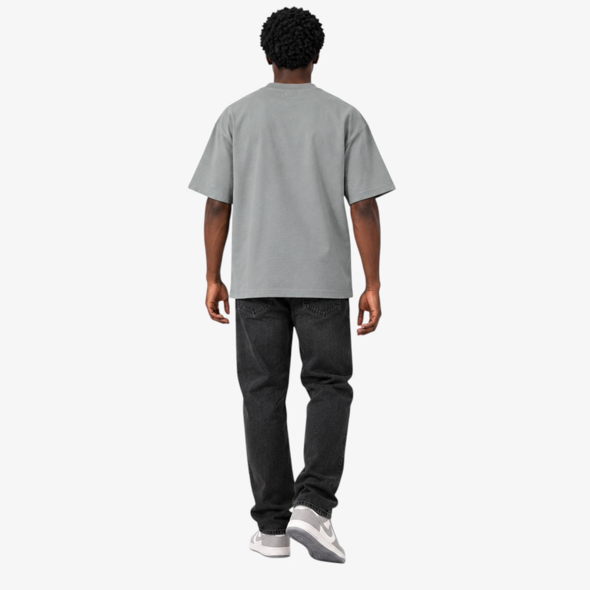 Male model wearing STF sage-grey boxy oversized T-shirt back view