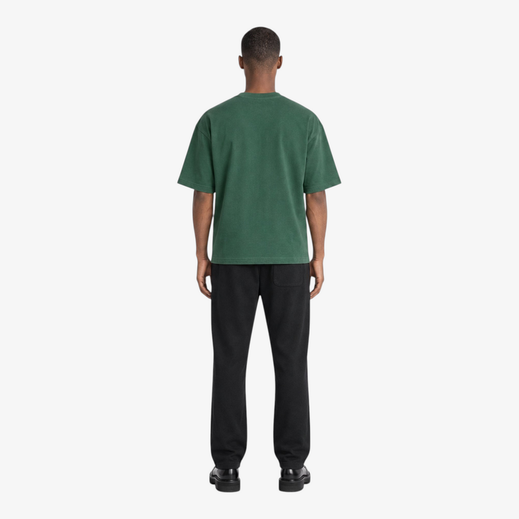 Male model wearing STF forest green flame T-shirt back