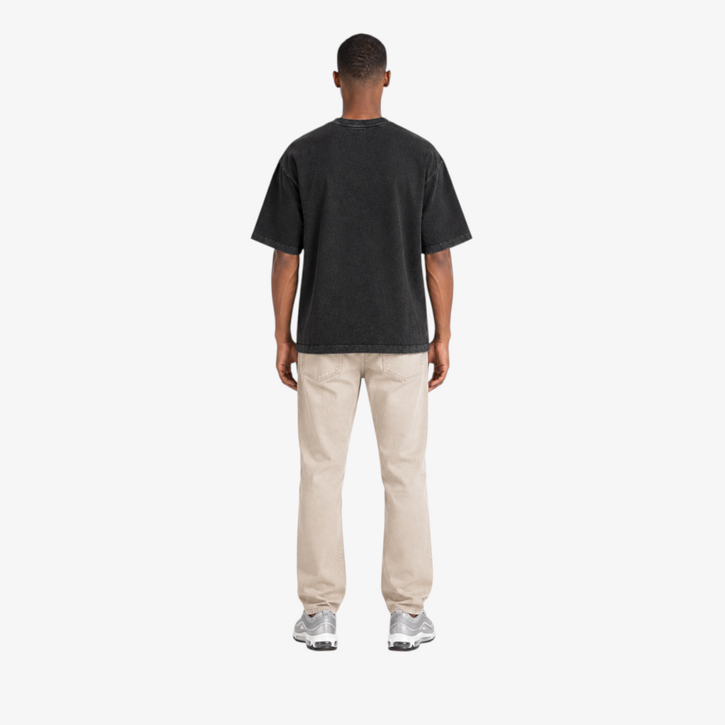 STF Motion in Stillness washed-black boxy oversized T-shirt — male back