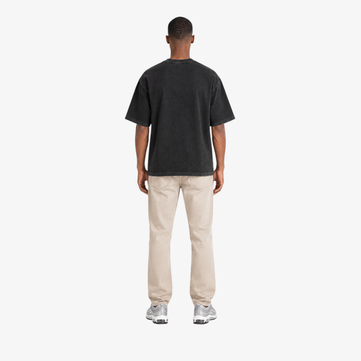 STF Motion in Stillness washed-black boxy oversized T-shirt — male back