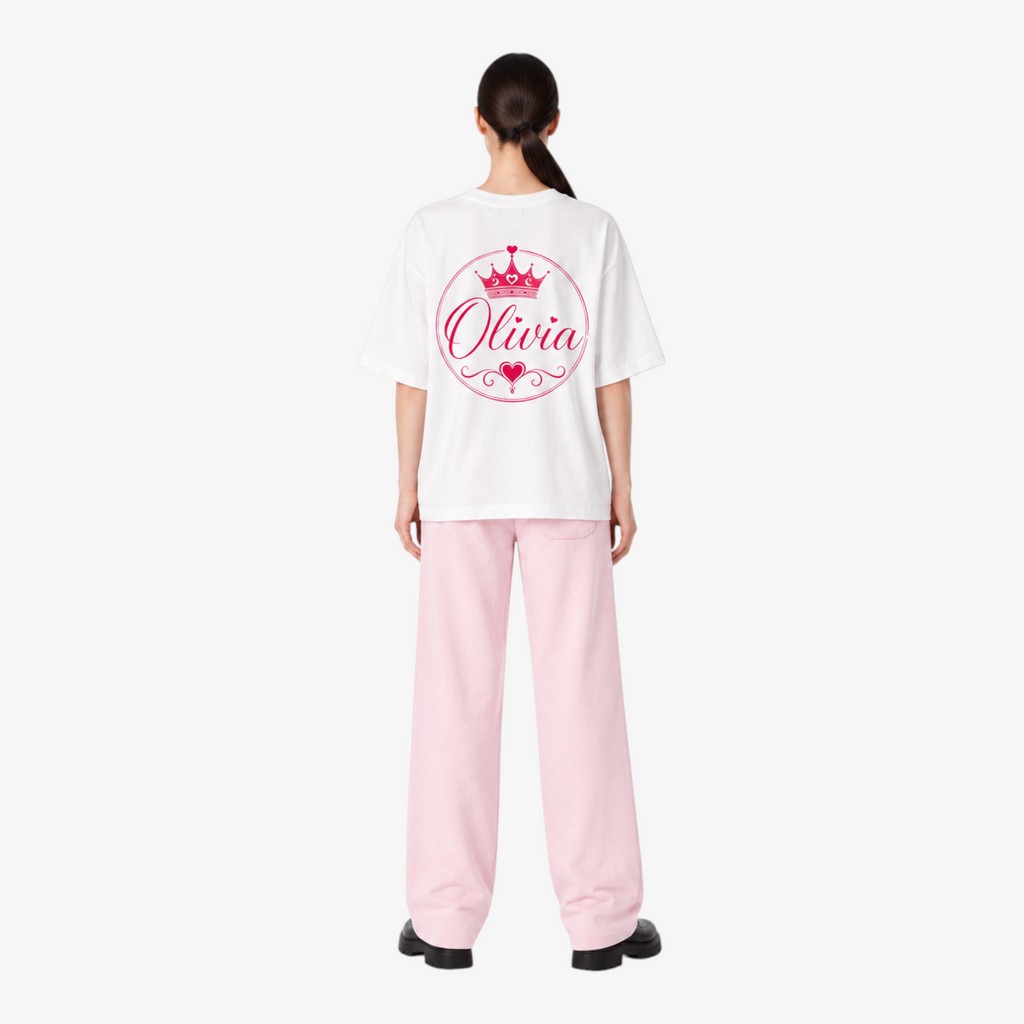 STF Olivia white oversized T-shirt with pink crown and heart graphic — model back