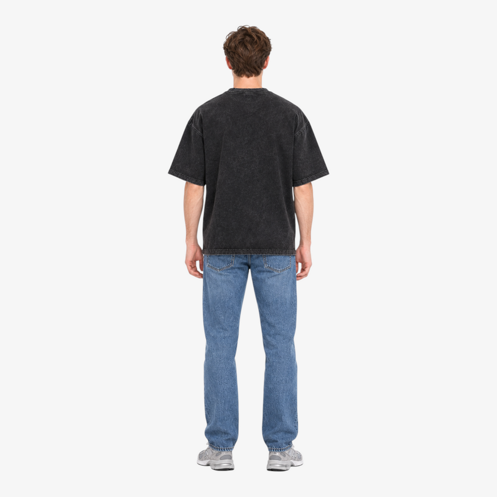 STF Silence Builds washed-black oversized T-shirt — male back