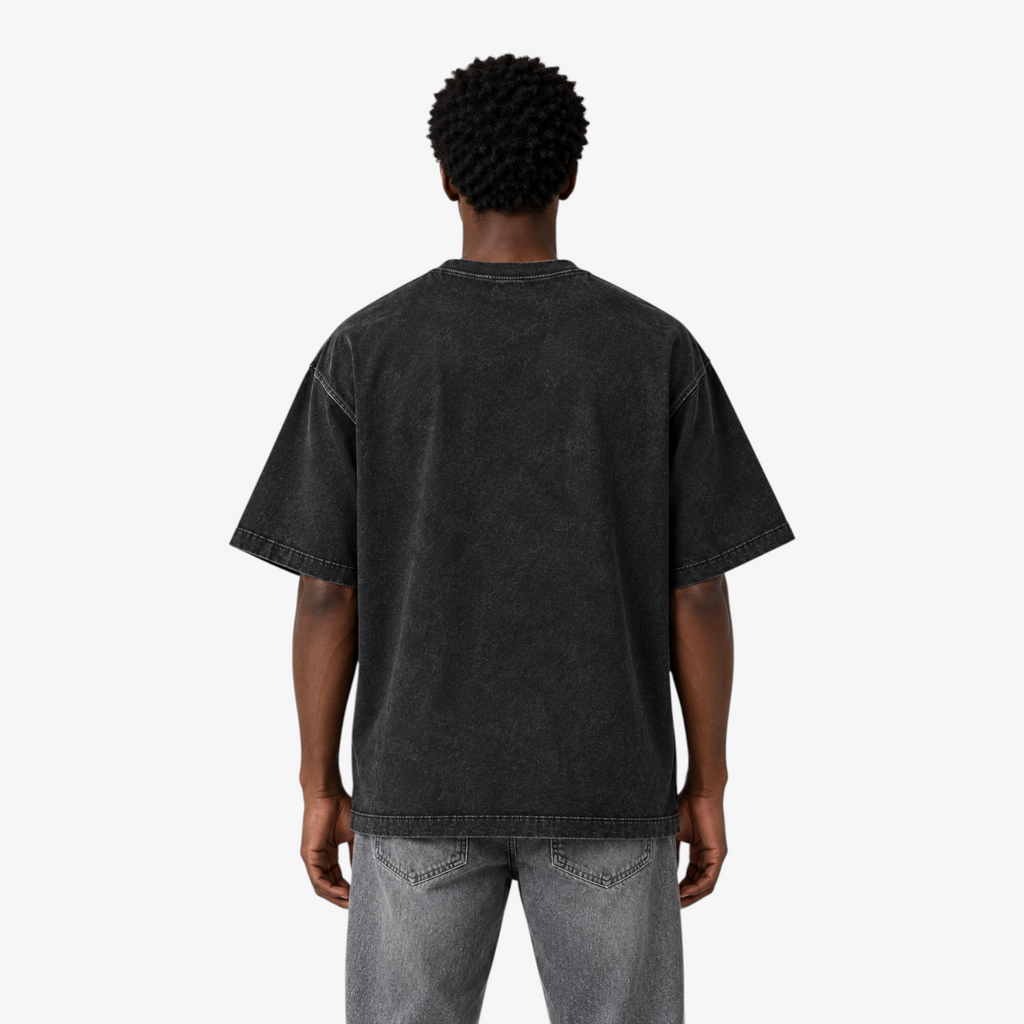 STF Weight of Time washed black boxy oversized T-shirt — male back view