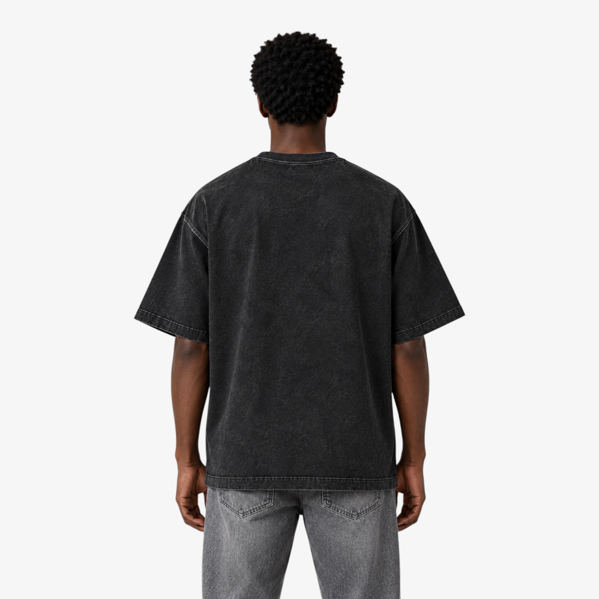 STF Weight of Time washed black boxy oversized T-shirt — male back view