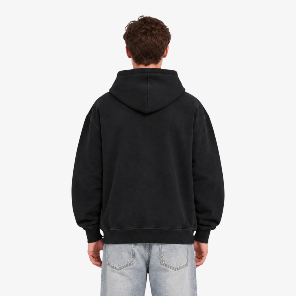 STF Black Oversized Hoodie – back fit detail