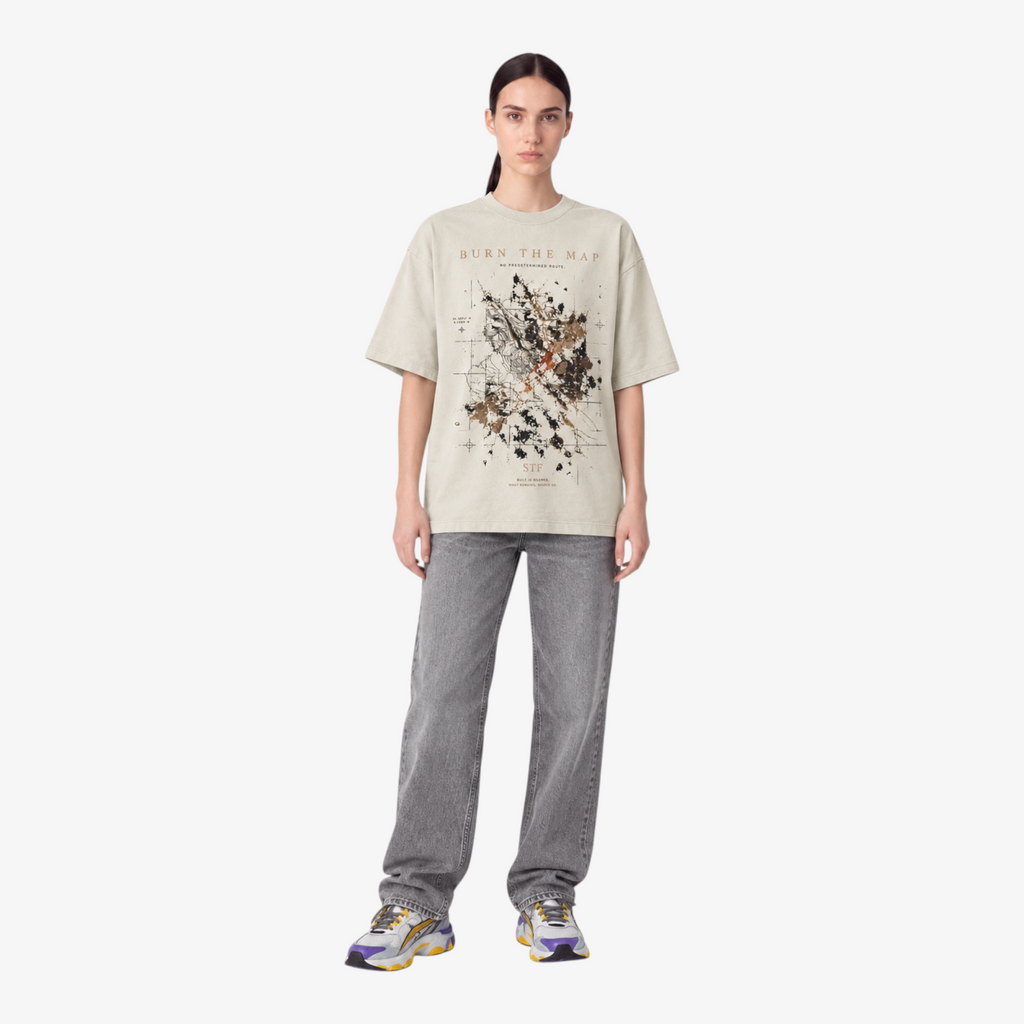 STF Burn the Map cream boxy oversized T-shirt — female front