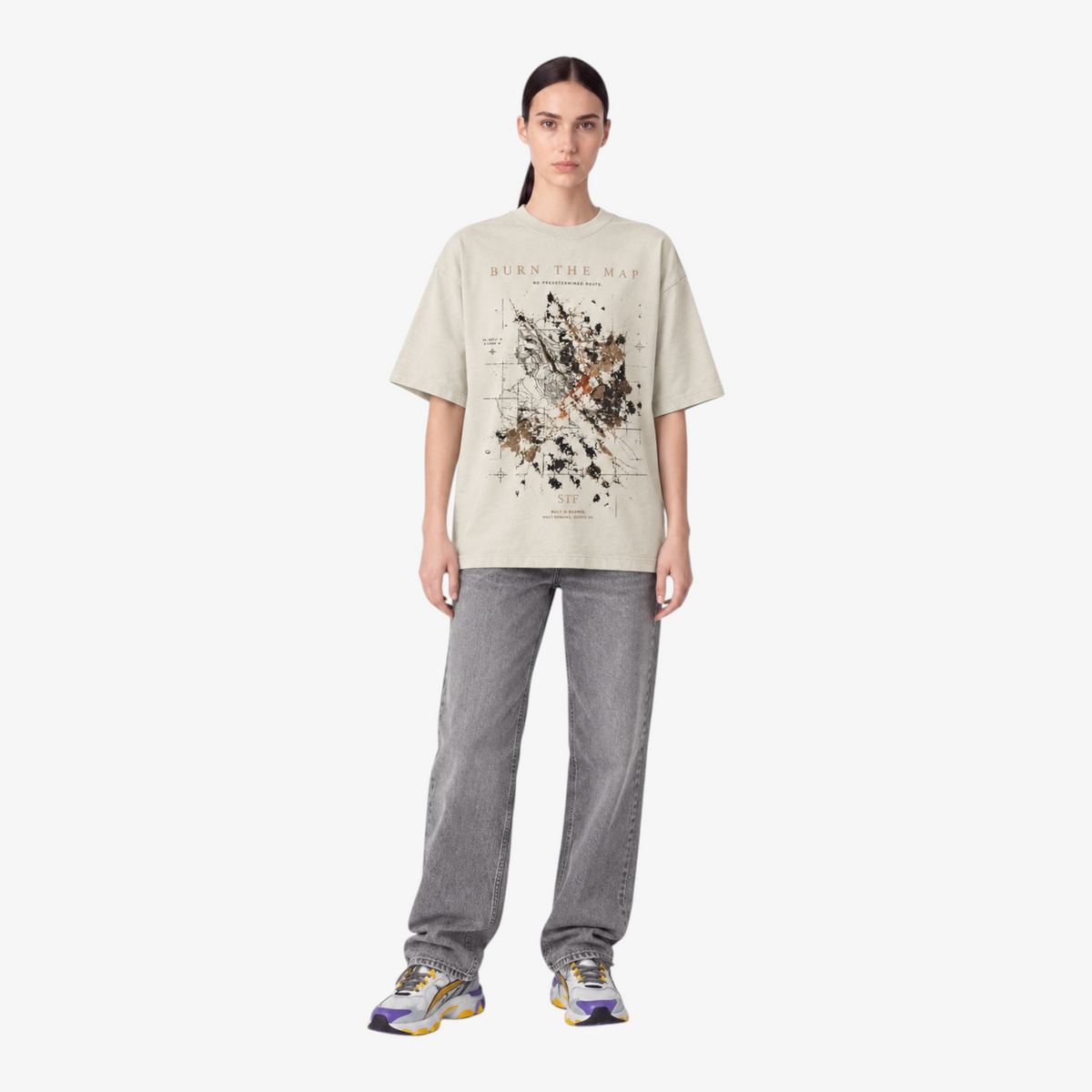 STF Burn the Map cream boxy oversized T-shirt — female front