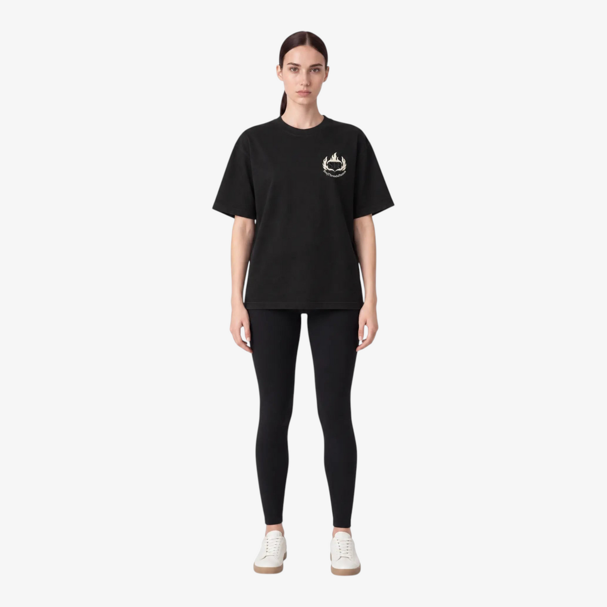 Female model wearing STF Club T-Shirt Black front
