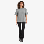 Female model wearing STF sage-grey tonal embroidered T-shirt front view