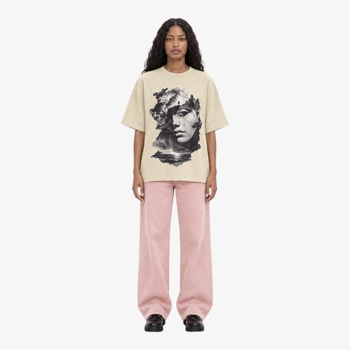 STF Dreamscape Graphic T-Shirt in Cream — Female model front view