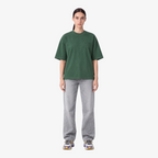 Female model wearing STF forest-green tonal embroidered T-shirt front view